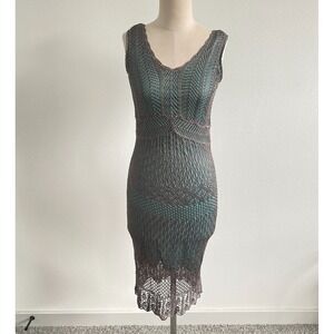 Trucco Dress Cover Up XS Beige Blue Crochet Knit V Neck Boho Y2K Maxi Festival